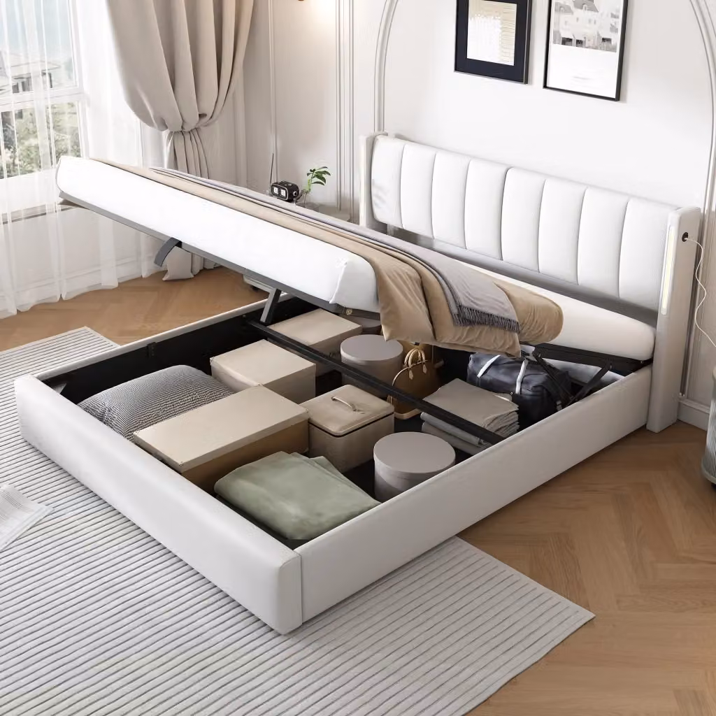 Letto contenitore Mivray con testiera regolabile, illuminazione LED e ricarica USB, rivestito in ecopelle bianca, L/P: 160 x 200 cm – 2