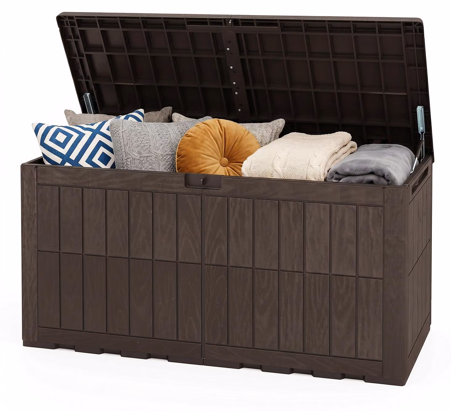 KOMFOTTEU - Contenitore resistente alle intemperie da 455 litri, scatola di stoccaggio con coperchio, dotata di ammortizzatori a gas e maniglie, 2-in-1: panchina da esterno e contenitore per cuscini, attrezzi da giardino e accessori per la piscina