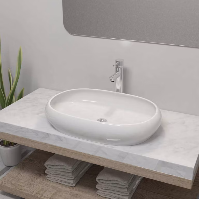 The Living Store Lavandino da bagno con miscelatore in Vetroceramica ovale bianco