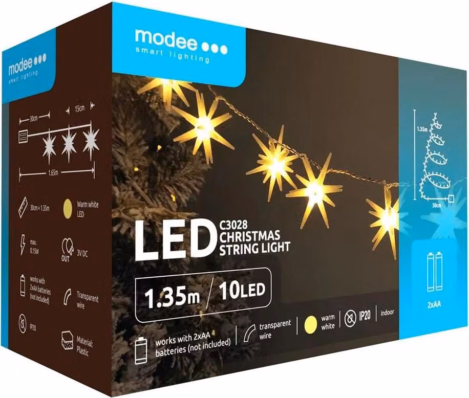 Catena luminosa di Natale con stelle - 1,65 metri - 10 LED - Funzionamento a batteria