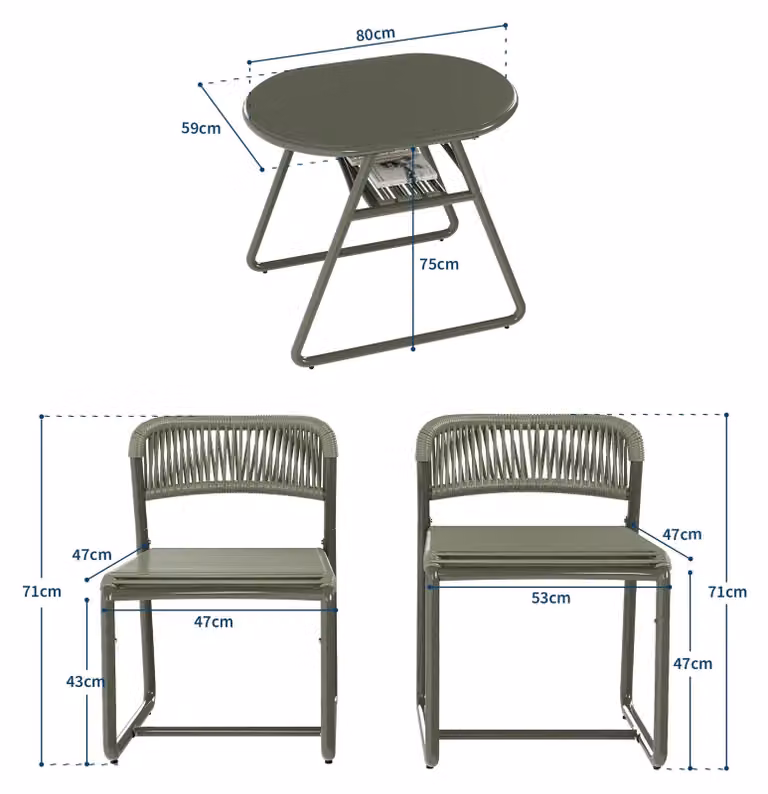 Set da bistrot per giardino o balcone - Set di mobili da balcone composto da 3 pezzi - Tavolo rotondo da 80 cm - 2 sedie - Struttura in metallo resistente agli agenti atmosferici - Ideale per piccoli balconi - Verde chiaro