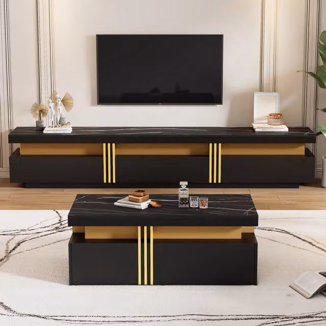 Mobile soggiorno componibile con mobile porta tv nero 200 cm e tavolino da salotto nero