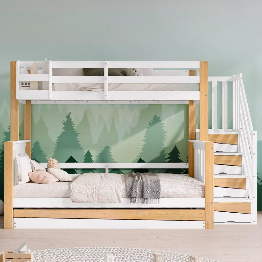 Letto a castello per bambini REDOM con letto estraibile, scala contenitore e scomparti laterali, Bianco e Beige, L/P/H: 120 x 200 cm – 2