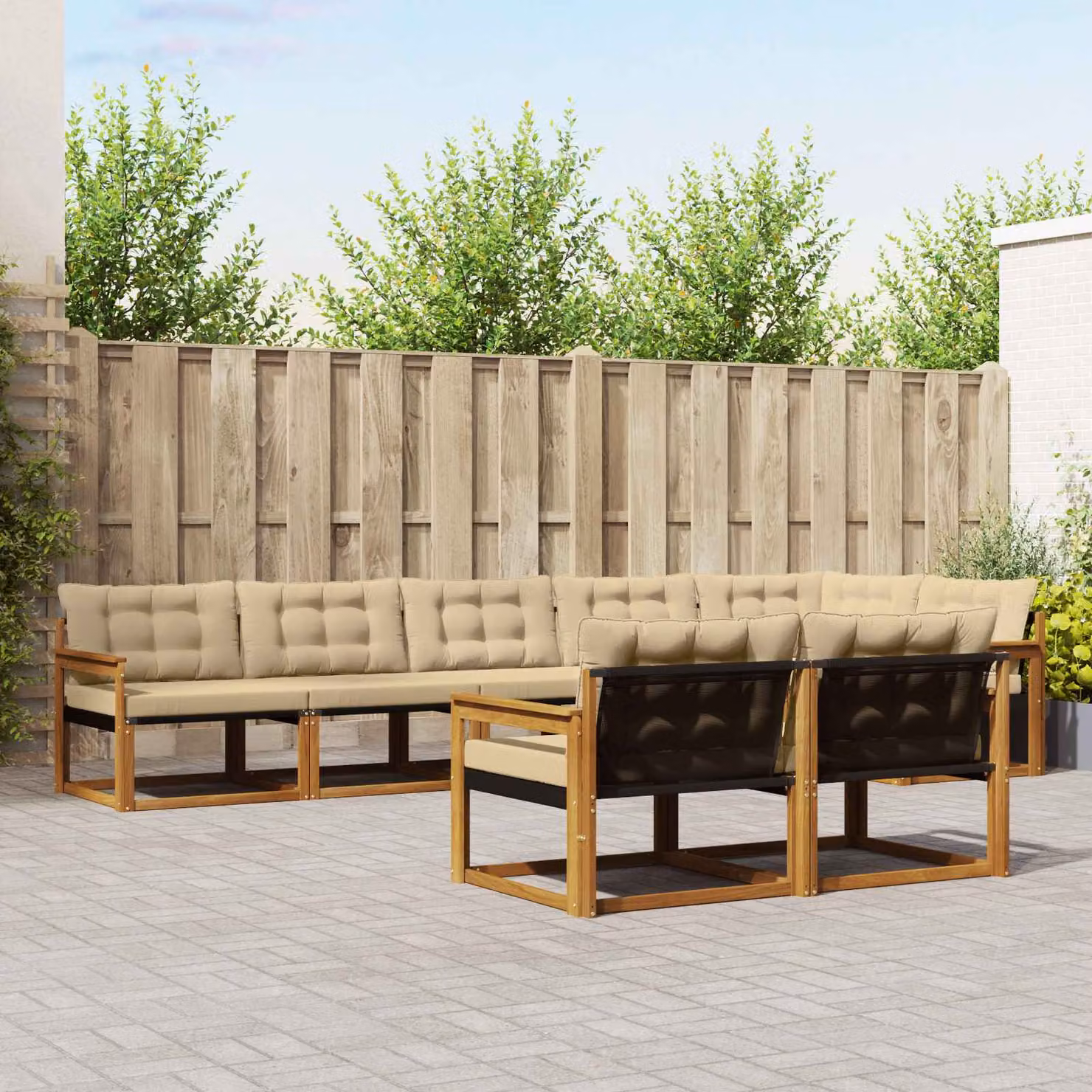 Set di divani da esterno vidaXL a forma di L composto da 8 pezzi in legno di acacia e tessuto textilene, colore marrone e beige