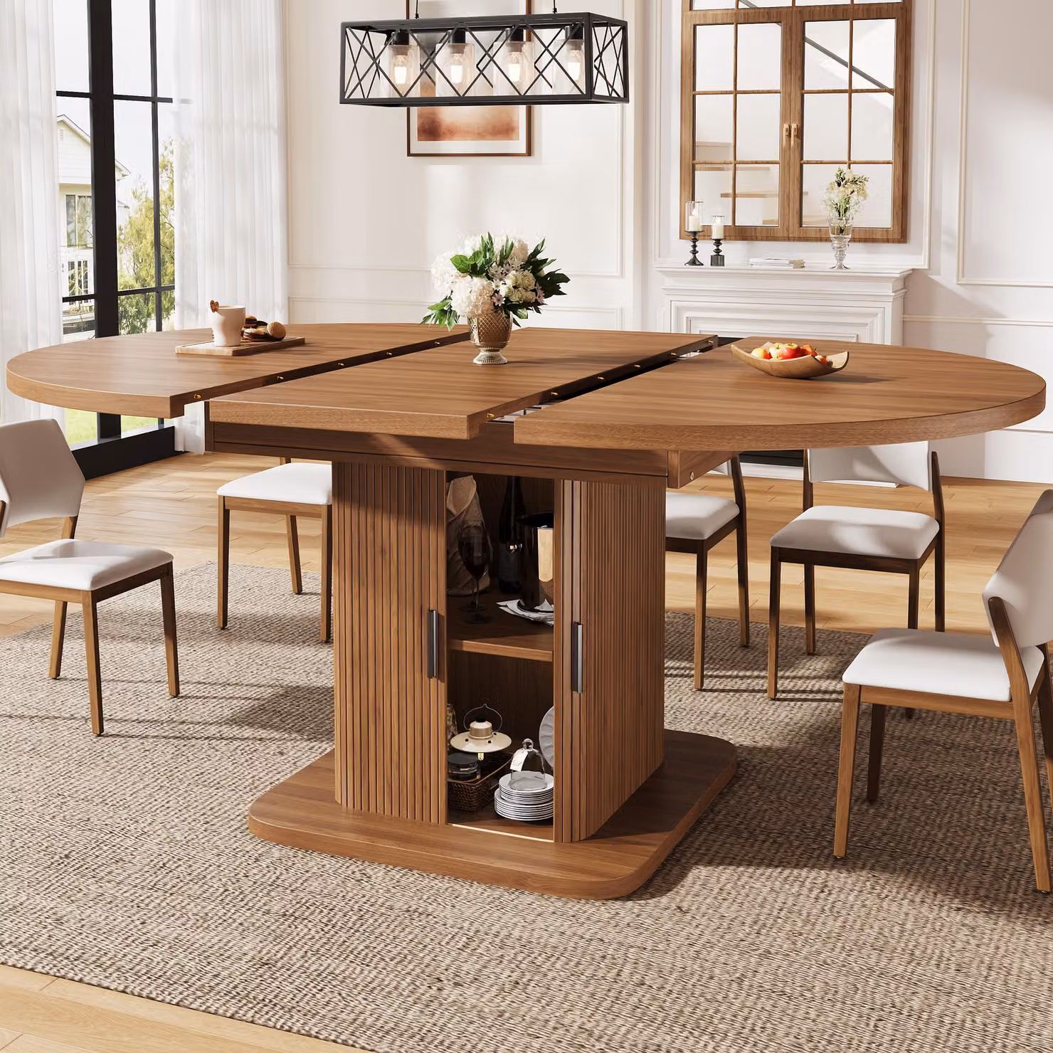 Tavolo allungabile con spazio contenitore, tavolo da pranzo con ante scorrevoli e ripiano estraibile, tavolo da cucina 110-150x110x75 cm, noce