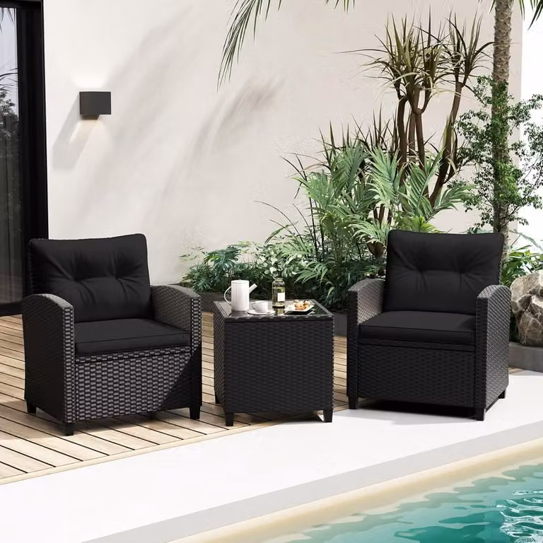 Set da giardino Costway in 3 pezzi in rattan nero con cuscini morbidi e tavolino in vetro per esterni