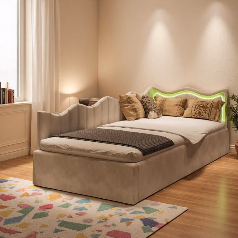 Divano letto ProximaX in velluto 90x200 cm in beige con illuminazione a LED e spazio di archiviazione a pressione di gas - letto per bambini con rete a doghe e spazio di archiviazione sotto il piano di appoggio