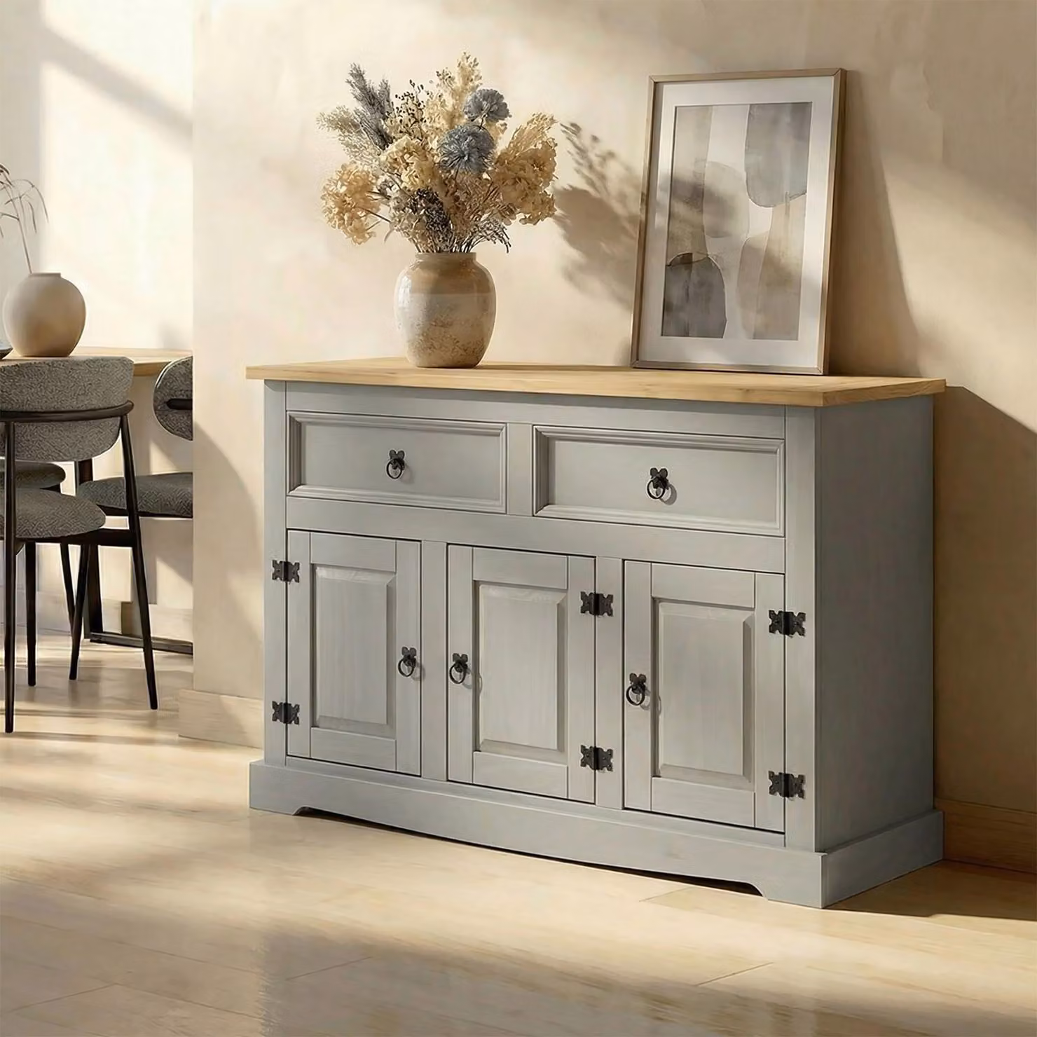 Credenza TEQUILA Comò con 3 ante e 2 cassetti, cassettiera in pino massiccio grigio/marrone Credenza Credenza per stoviglie