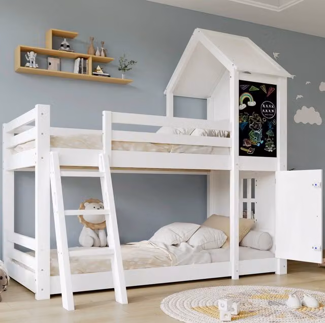 Letto a castello per bambini 90x200 cm con lavagna; finestre e tetto; in legno e MDF; bianco