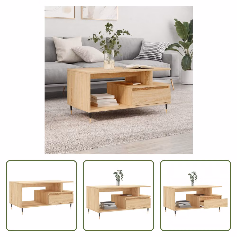 The Living Store tavolino in rovere Sonoma 90x49x45 cm materiale a base di legno