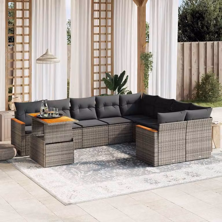 vidaXL Set Divano da Giardino 10 pz in Polyrattan e Legno di Acacia Oliato con Cuscini Grigio