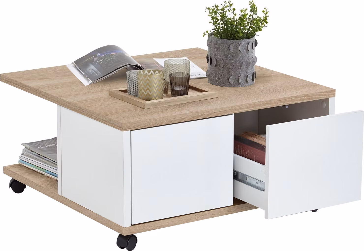 Tavolino da salotto >TWIN 1< in rovere bianco lucido - 70x36x70 cm (LxAxP)