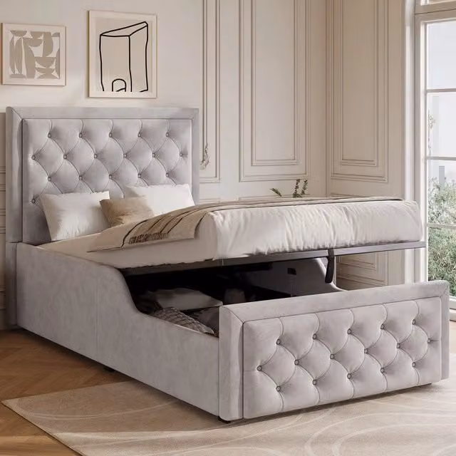 Letto imbottito singolo con contenitore ¨C Minimal ¨C grigio velluto 90x200cm rete a doghe testiera idraulico