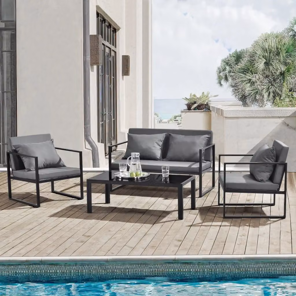 Set Salottino da Esterno Lerum casa.pro con Divano a 2 Posti, 2 Poltrone e Tavolo Basso, Colore Nero e Grigio con Cuscini Inclusi – 2