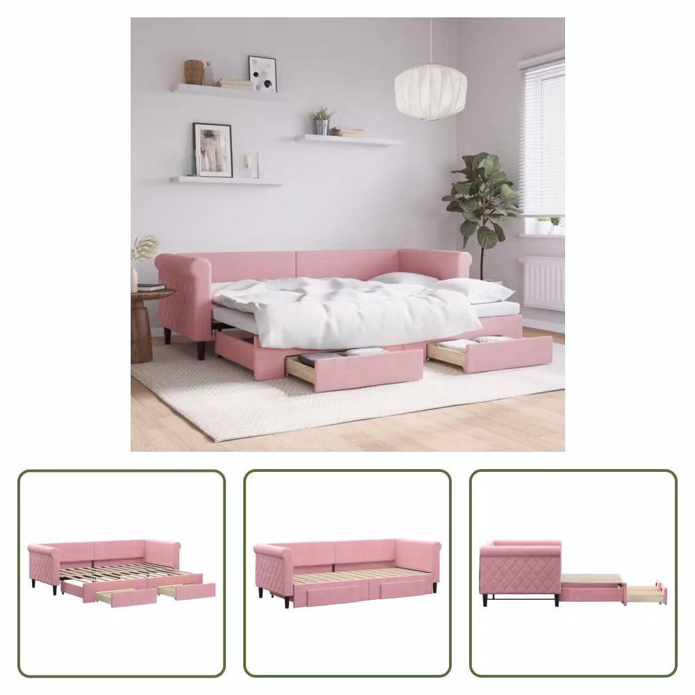 The Living Store Daybed allungabile con cassetti Rosa 80x200 cm in velluto