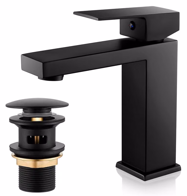 Miscelatore per lavabo monocomando nero, a forma quadrata, con sistema di scarico a tappo a scomparsa