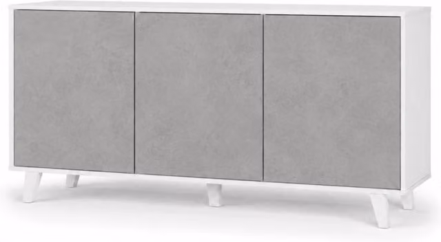 Credenza Gijòn Arreditaly con 3 ante battenti senza maniglie in melaminico per soggiorno e sala da pranzo, Bianco e Grigio Cemento, L: 154 cm, P: 41 cm, H: 75 cm