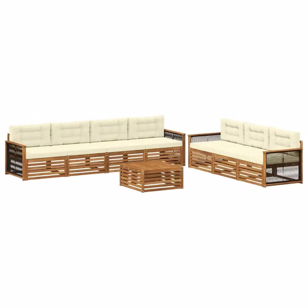 Set di mobili da esterno vidaXL in legno di acacia con divano a 3 posti, tavolino da caffè e cuscini, colore beige e bianco – 2