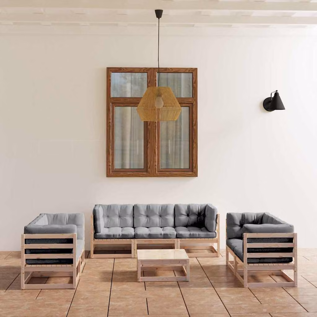 Set Divani da Giardino vidaXL 8 Pezzi in Legno di Pino con Cuscini Grigio Moderno