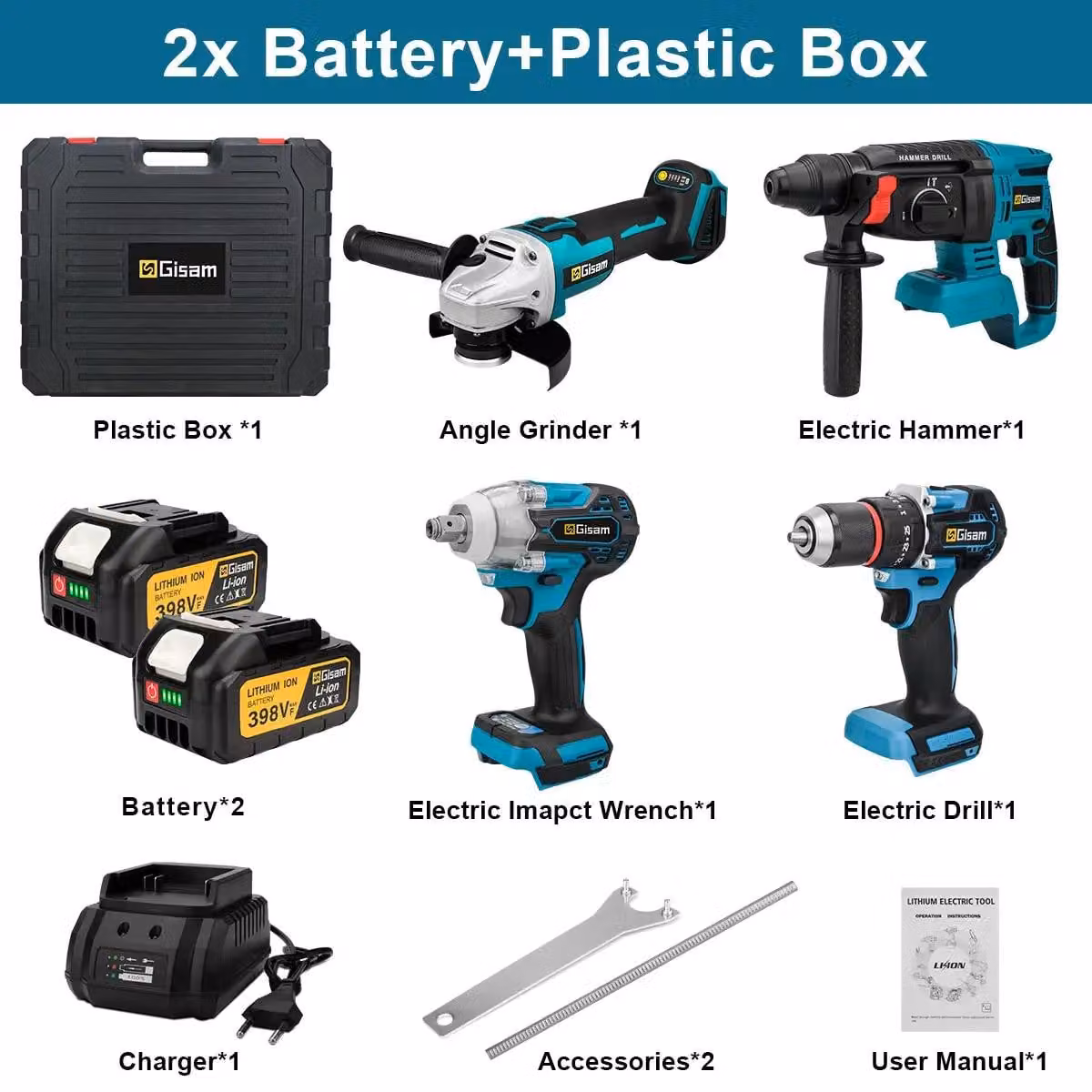 Set di utensili a batteria senza spazzole - Kit combinato 4-in-1 - Avvitatore a impulsi - Trapano avvitatore - Smerigliatrice angolare - Martello perforatore - con 2 batterie da 18V incluse nella custodia