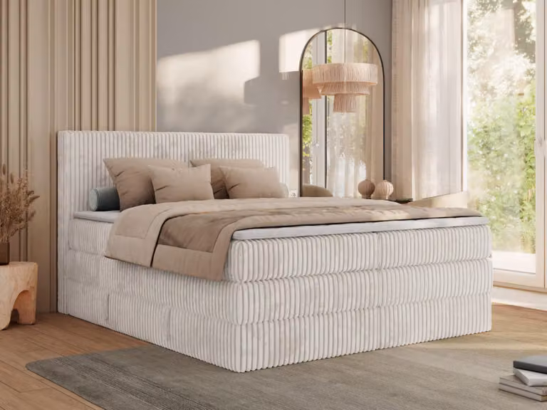 Letto continentale TILIANO KING materasso a due strati 180x200 Hard (H4), Topper Comfort foam, Beige - tessuto a coste