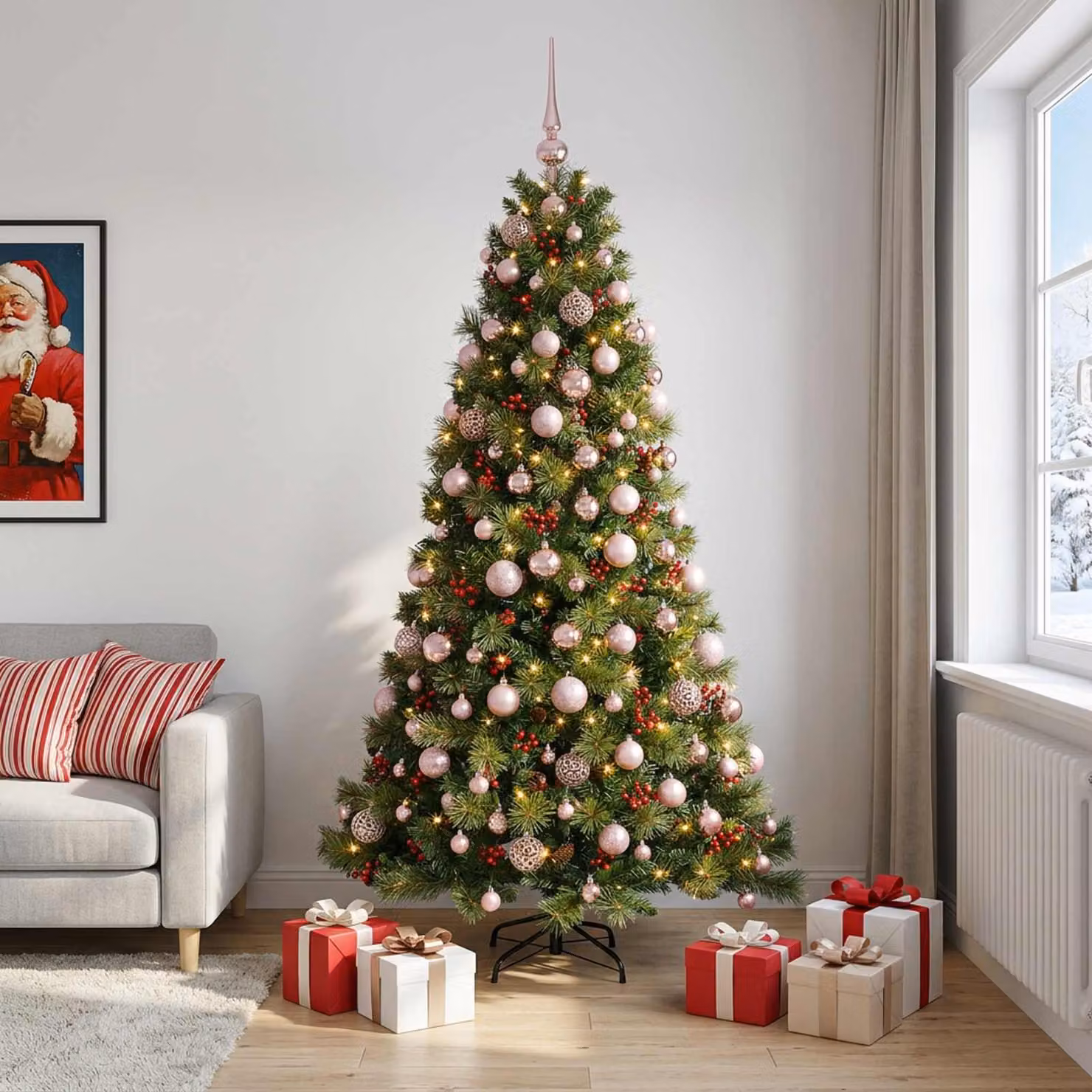Albero di Natale artificiale verde vidaXL con 300 LED luce bianca calda e decorazioni, Altezza: 180 cm