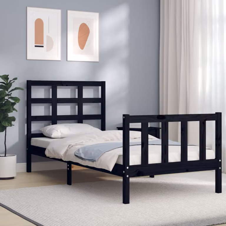 vidaXL Giroletto con Testiera in Legno Massello di Pino Nero Small Single 80x190 cm