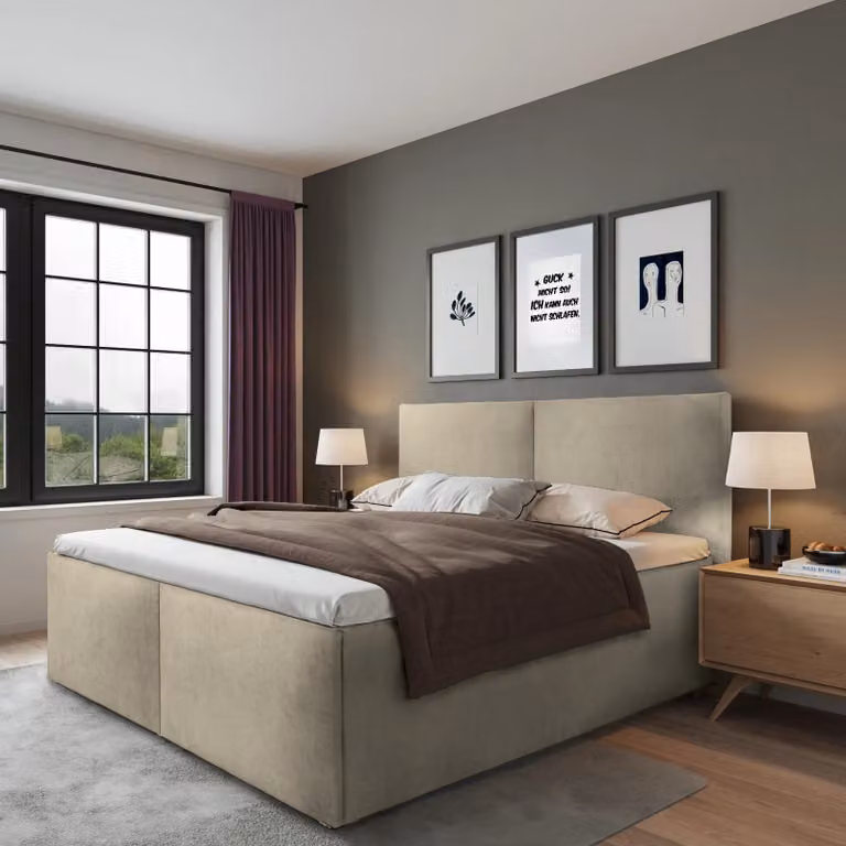 Letto imbottito Milano Beige 160 x 200 x 32 cm con vano contenitore, con materasso di alta qualità H2 (fino a 100 kg) e rete a doghe