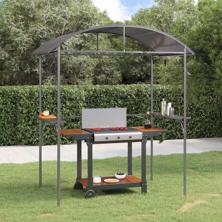 Gazebo per barbecue vidaXL con ripiani laterali in acciaio e policarbonato, colore antracite, L 220 x P 115 x H 230 cm