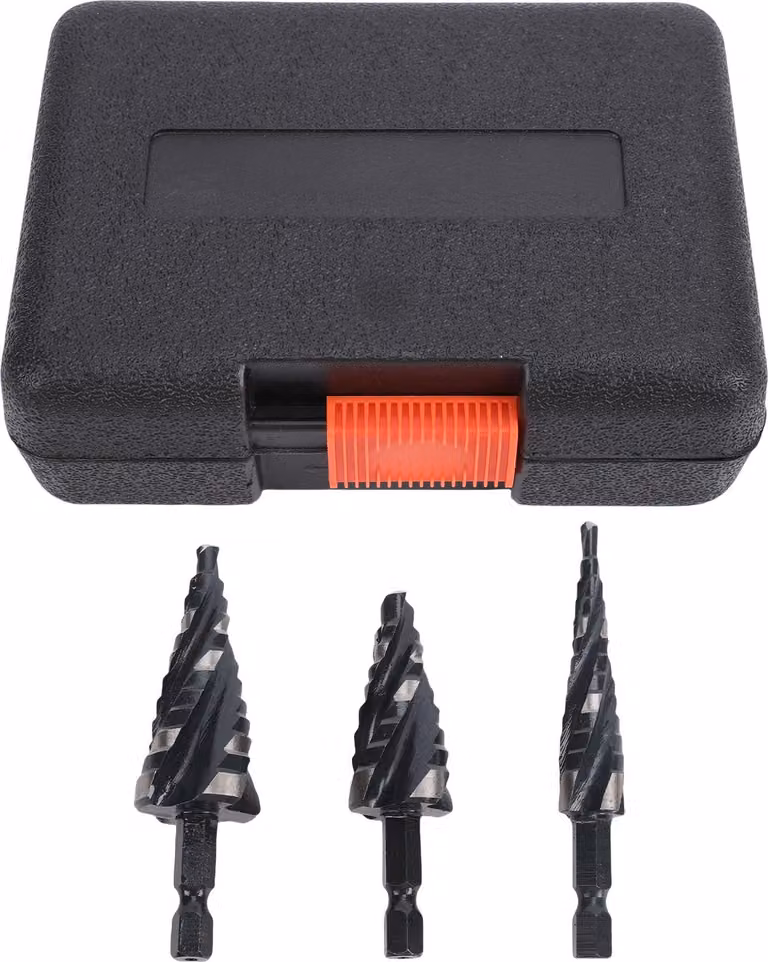 Set di 3 punte elicoidali a gradini, acciaio rapido, gambo esagonale, 4 scanalature, punte per metallo, alluminio, legno, plastica, 1/8–1/2, 1/4–3/4, 3/1