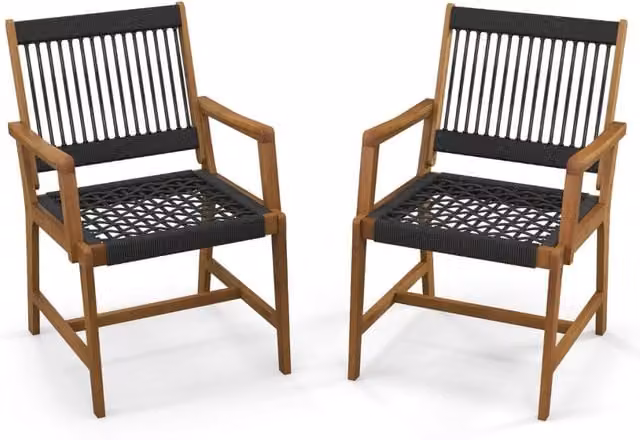 Set di 2 sedie da pranzo da esterno in legno di acacia con braccioli e seduta in corda intrecciata, colori nero e marrone