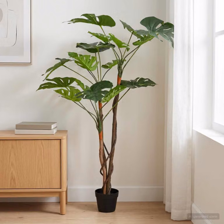 Pianta Monstera Artificiale Verde vidaXL in Vaso con Base in Legno e Tessuto L: 70 cm, P: 16 cm, H: 130 cm