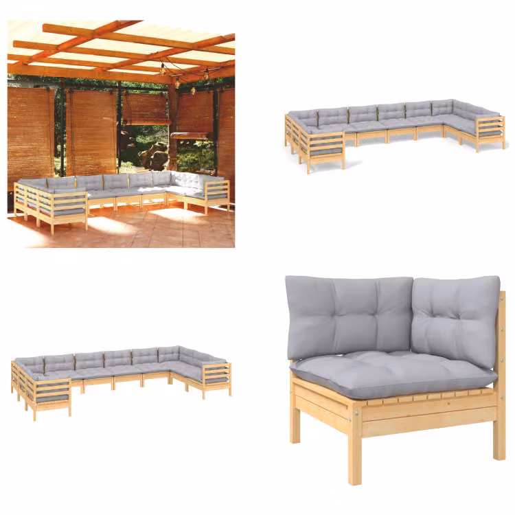 vidaXL Set salotto da giardino 10 pezzi con cuscini grigi in legno di pino - Set salotto da giardino - Set salotto da giardino - Set mobili da giardino - Set mobili da giardino