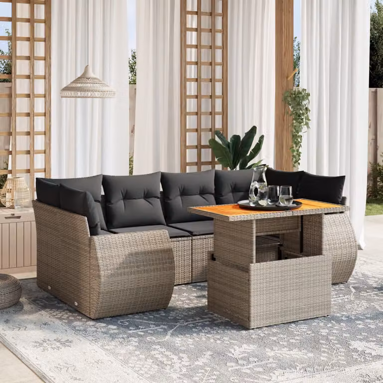 Set di divani da giardino vidaXL 7 pz in polyrattan grigio con cuscini e tavolino da esterno a forma di L