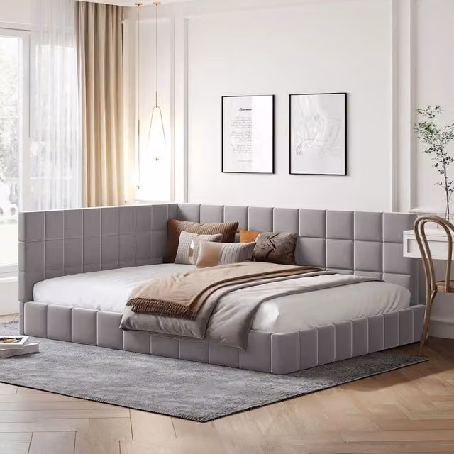 Divano letto imbottito in velluto con schienale e braccioli; grigio; 140x200 cm; senza materasso