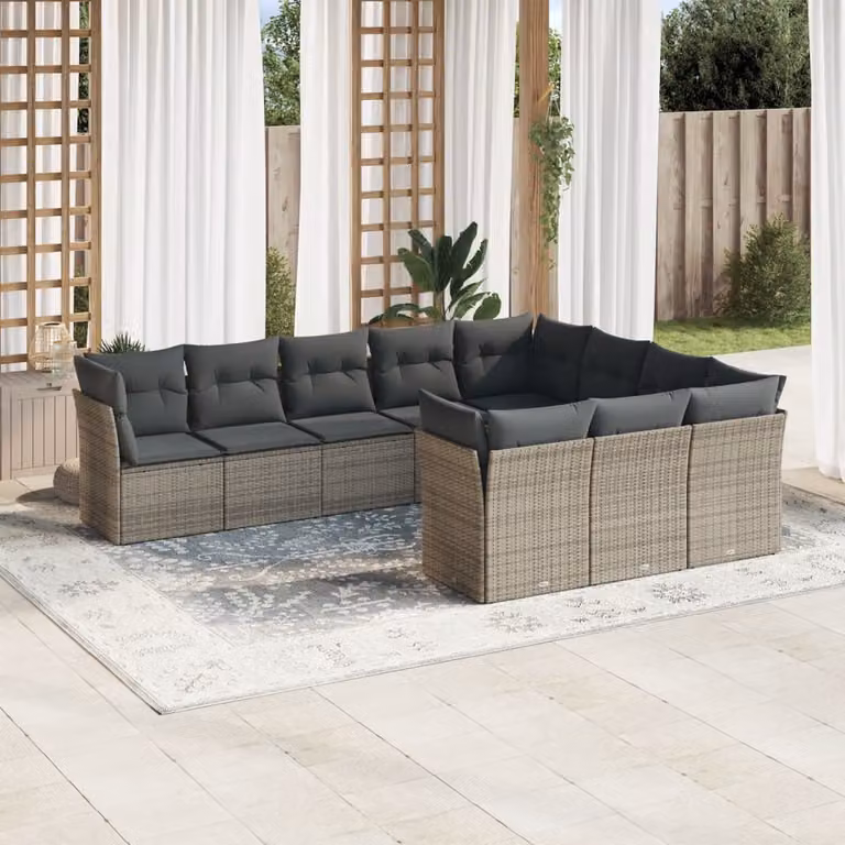 Set Divano da Giardino vidaXL 10 pz in Polyrattan Grigio con Cuscini Imbottiti e Rivestimenti Rimovibili