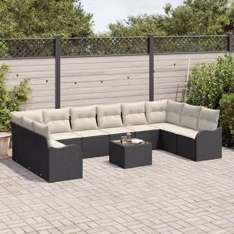 Set Divano da Giardino vidaXL 11 pz a Forma a U in Polyrattan Nero e Bianco con Cuscini e Tavolino