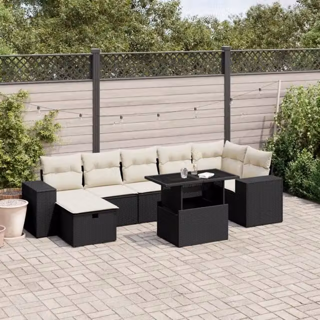 vidaXL Set Divani da Giardino a L con Cuscini 8 pz in Polyrattan Nero e Bianco – 1