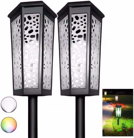 2 luci solari da esterno per vialetti, bianco freddo e multicolore