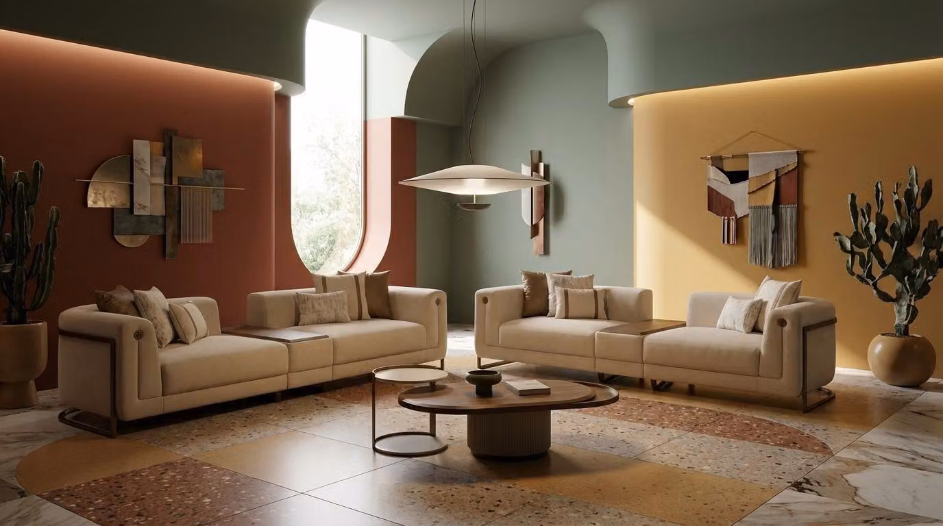 Grande set da salotto color beige: 2 divani a 4 posti, tavolino da salotto e tavolino ausiliario