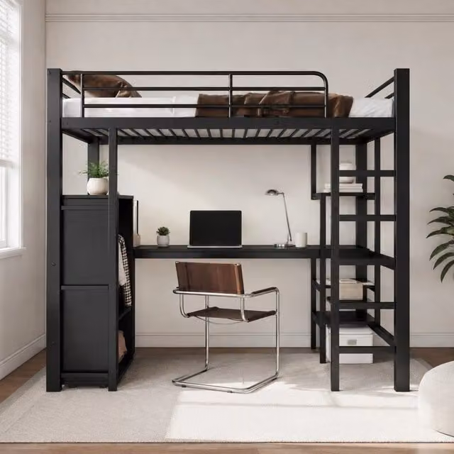 Letto a castello 90x200 cm nero in metallo con scrivania e armadio