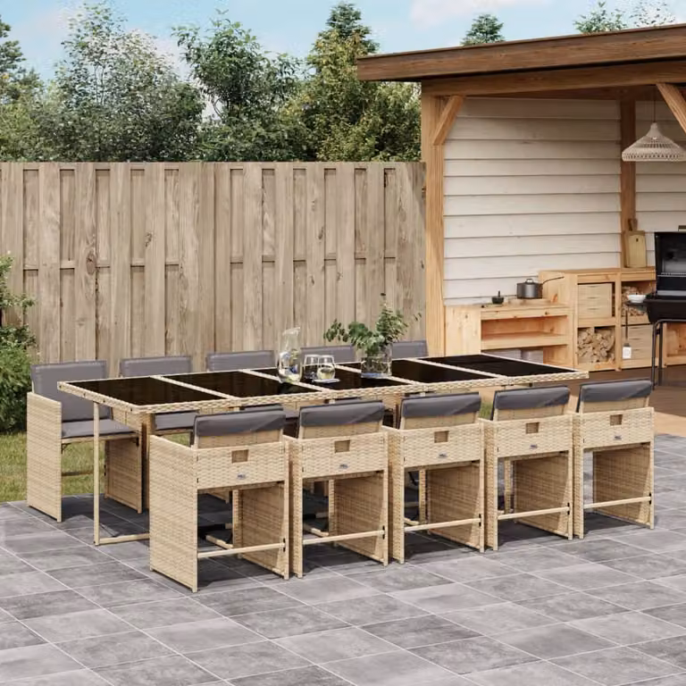 Set Pranzo da Giardino vidaXL in Polyrattan con Cuscini Beige, Nero e Grigio, 11 Pezzi