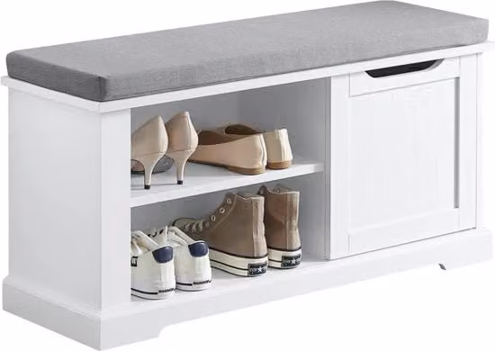 Cassettone porta scarpe moderno con seduta integrata in MDF bianco, L 90 x P 30 x H 45 cm