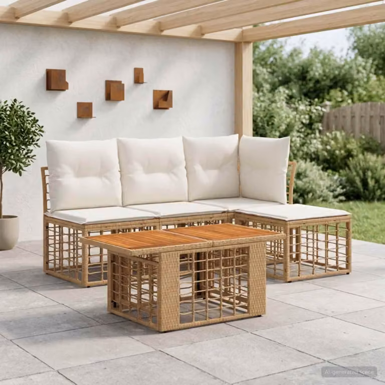 Set Divano da Giardino vidaXL 5 pz in Polyrattan con Cuscini, Colore Naturale e Bianco Crema