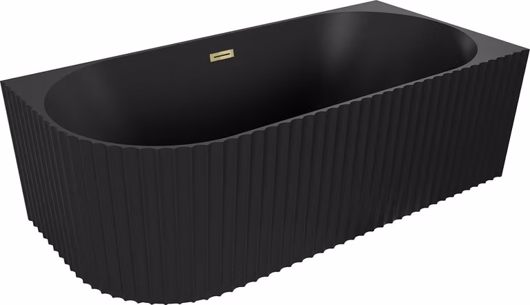 Mexen Gia vasca da bagno freestanding ad angolo rigata destra 150 x 75 cm, nero opaco, troppo pieno dorato - 52701507571P-50