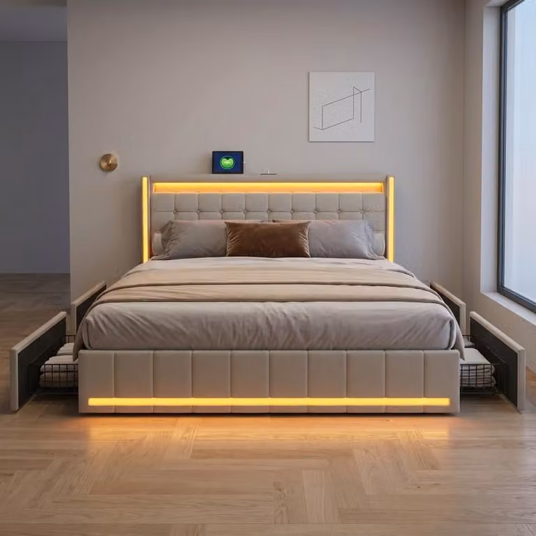 ProximaX Letto matrimoniale moderno 140x190 cm con illuminazione LED perimetrale, stazione di ricarica USB e 4 cassetti in metallo, tessuto di lino, beige