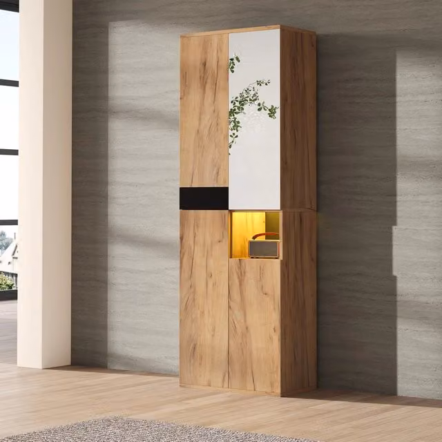 Armadio alto WISHDOR con specchio, quattro ante e vano a giorno, design moderno, colore nero e naturale, L: 65 cm, P: 35 cm, H: 190 cm