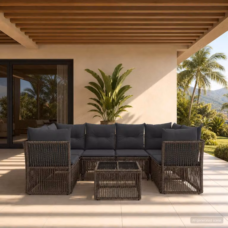 Set Divano da Giardino vidaXL 7 pz Grigio con Cuscini e Tavolino in Polyrattan e Acciaio