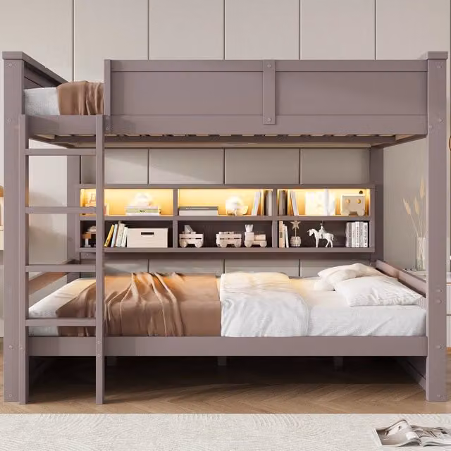 Letto a castello 160x200 cm con 6 armadietti e illuminazione LED in pino e MDF marrone