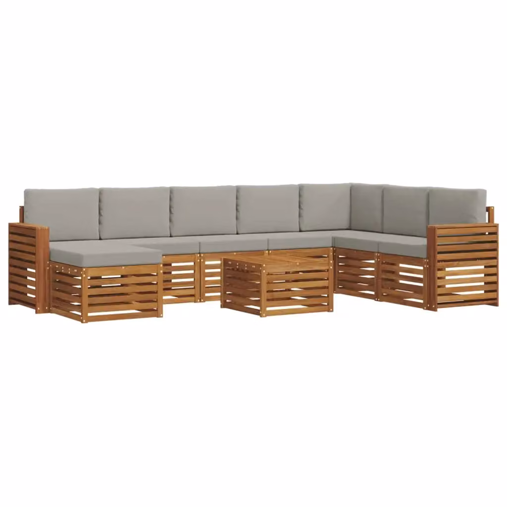 Set di divani da esterno a L vidaXL in legno di acacia con cuscini grigi, composto da 9 pezzi con tavolino e pouf – 2